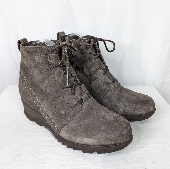 Sorel Evie Lace Up Grey Suede Leather Wedge Ankle Booties - Picture 2 of 9